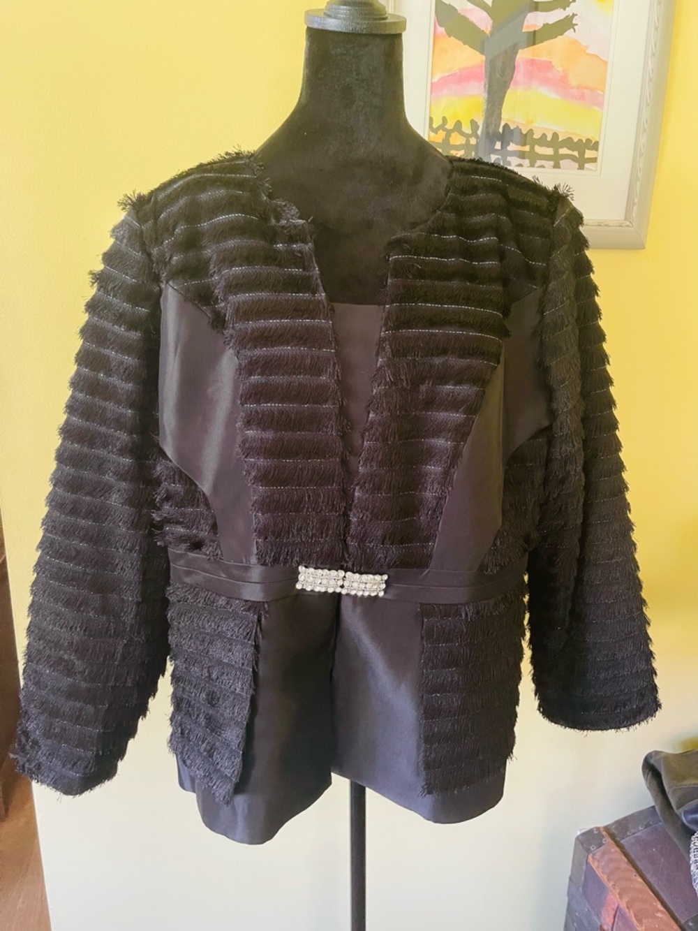 Luxe Black Textured Open Blazer with Rhinestone Belt